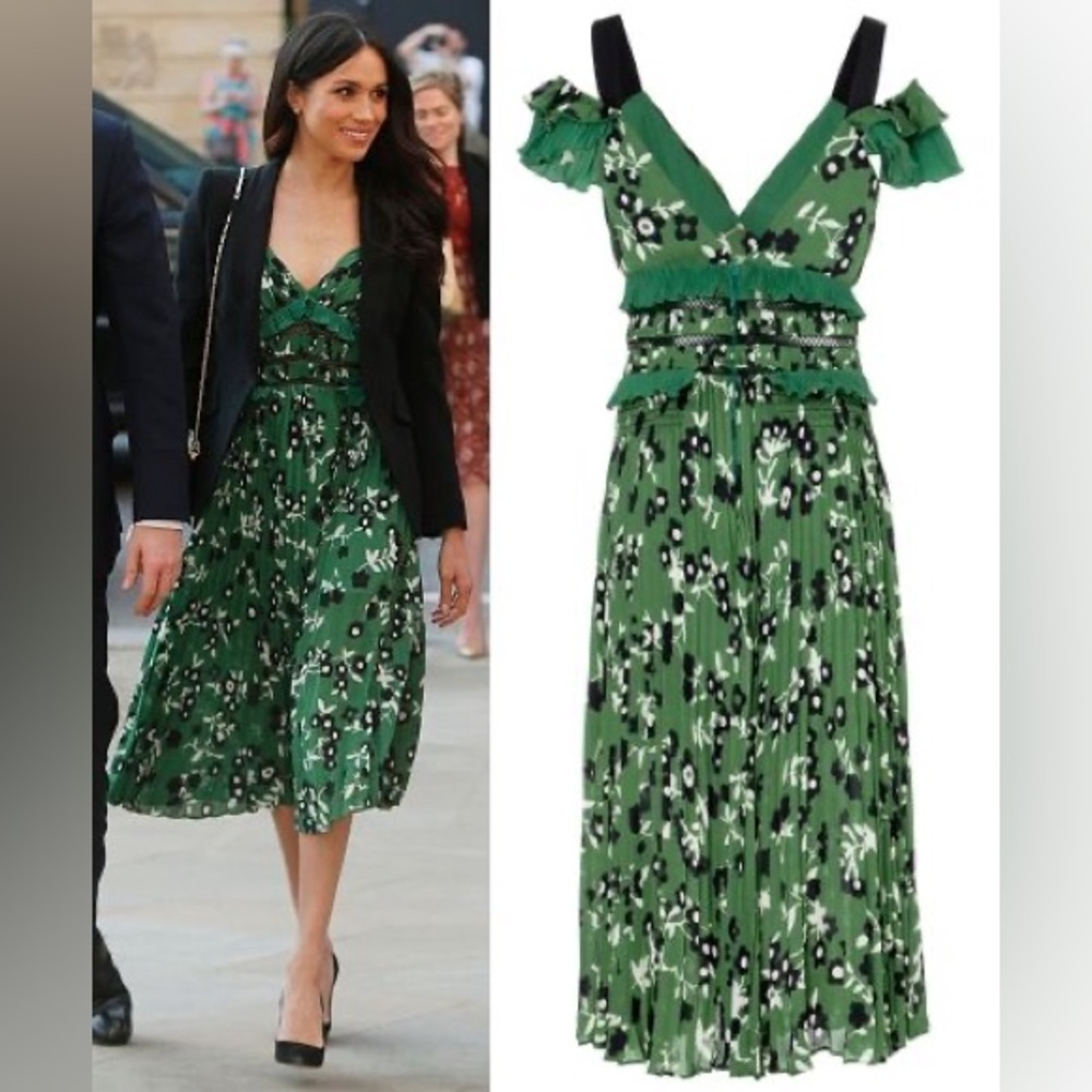 Self Portrait Green Floral ‘Cold Shoulder’ Dress